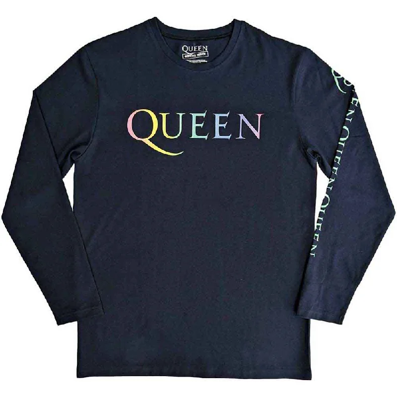 Queen | Official Band Long Sleeve T-Shirt | Rainbow Crest (Back & Sleeve Print) Hooded Caped Shawl Collar Queen | Official Band Long Sleeve T-Shirt | Rainbow Crest (Back & Sleeve Print) Hooded Caped Shawl Collar