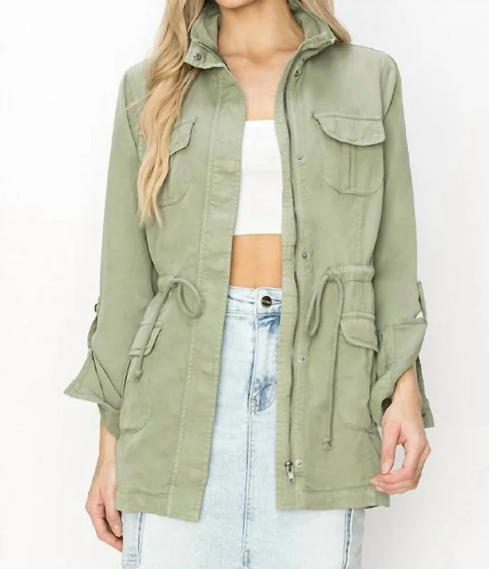 Calliope Tencel Anorak Jacket In Sage Green Graphic Embroidered Appliqued