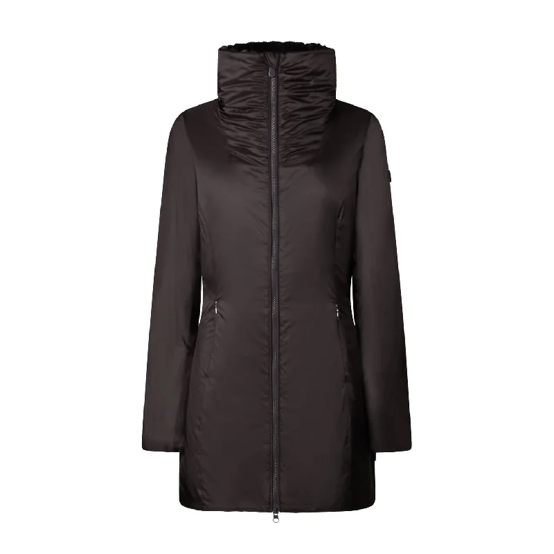 Caroly Faux Fur Collar Water Repellant Jacket In Black Brown Striped Floral Plaid