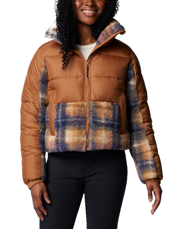 Leadbetter Point II Print Sherpa Hybrid Jacket in Camel Brown & Nocturnal Omblur Print Knit Fabric Woven Fabric Fleece Fabric