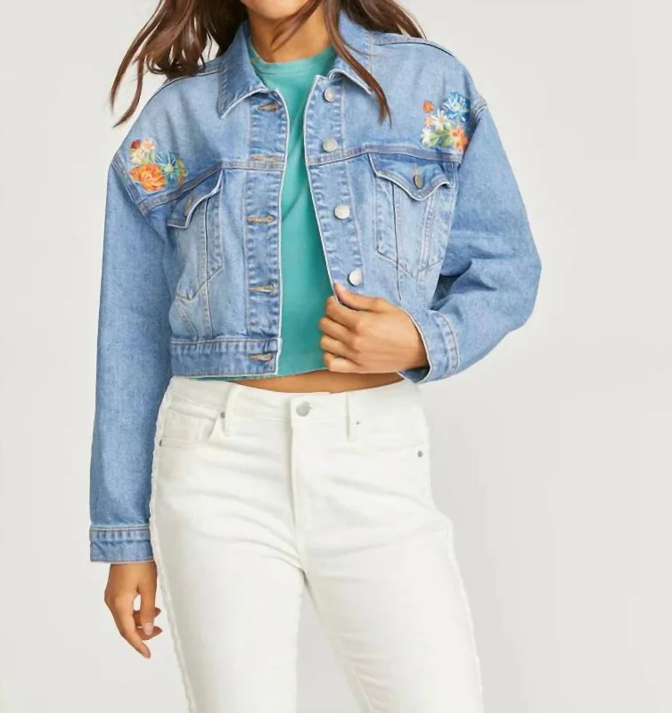 Le Bouquet Crop Denim Jacket In Blue Hooded Caped Shawl Collar