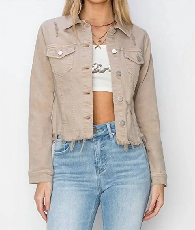 Maeve Cropped Raw Hem Denim Jacket In Taupe Chenille Brocade Lace