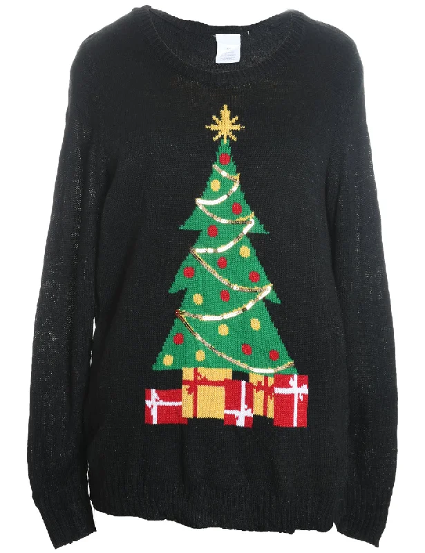Black Christmas Tree Design Knit Jumper - XL Denim Fabric Leather Fabric Suede Fabric Black Christmas Tree Design Knit Jumper - XL Denim Fabric Leather Fabric Suede Fabric