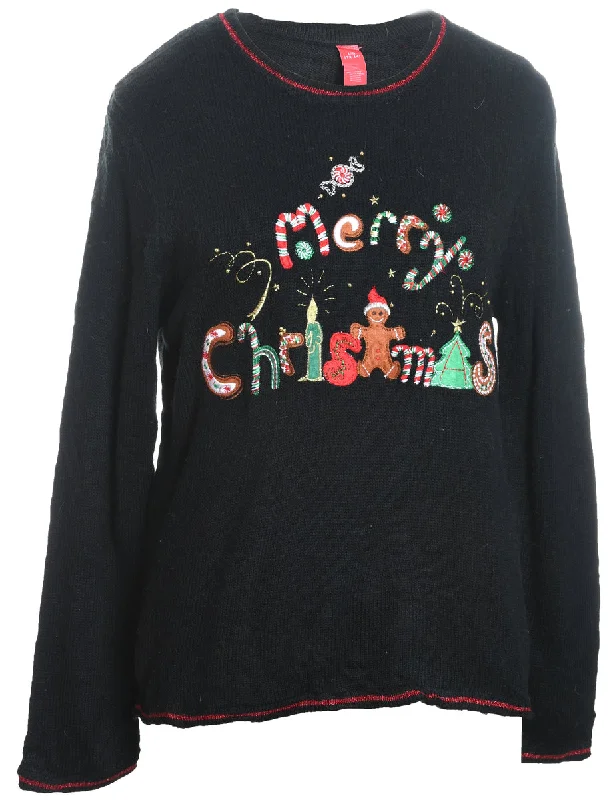 Black Embroidered Merry Christmas Design Knit Jumper - L Machine Wash Dry Clean Hand Wash Black Embroidered Merry Christmas Design Knit Jumper - L Machine Wash Dry Clean Hand Wash