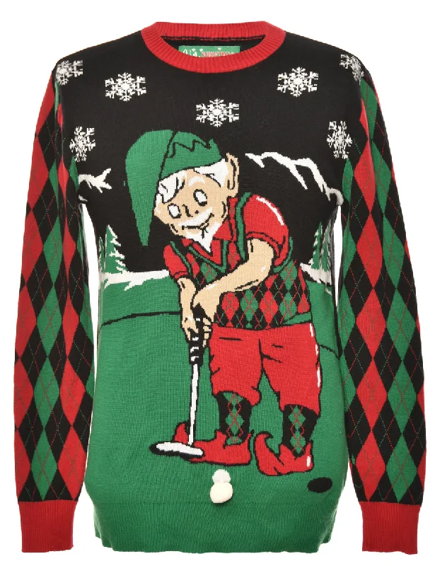 Black, Red & Green Argyle Design Christmas Jumper - S Zippered Front Buttoned Front Snap Front Black, Red & Green Argyle Design Christmas Jumper - S Zippered Front Buttoned Front Snap Front