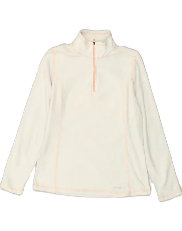 EDDIE BAUER Womens Zip Neck Fleece Jumper UK 14 Medium Off White Polyester Mesh Sweater Canvas Denim EDDIE BAUER Womens Zip Neck Fleece Jumper UK 14 Medium Off White Polyester Mesh Sweater Canvas Denim