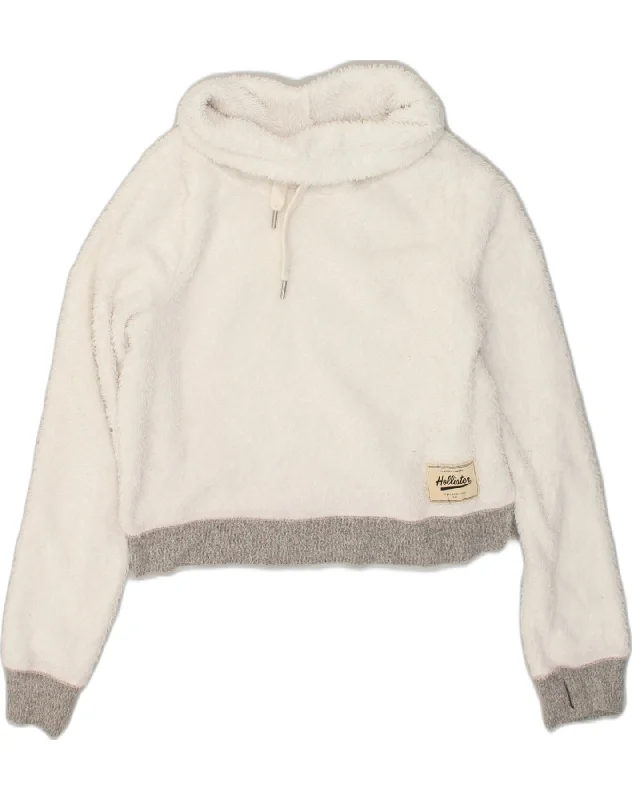 HOLLISTER Womens Crop Roll Neck Fleece Jumper UK 14 Medium White Polyester Houndstooth Herringbone Solid HOLLISTER Womens Crop Roll Neck Fleece Jumper UK 14 Medium White Polyester Houndstooth Herringbone Solid