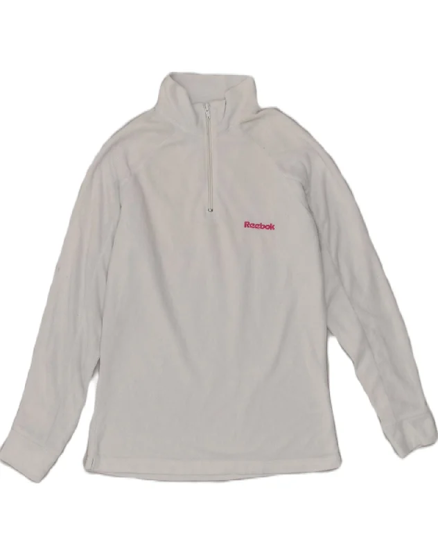 REEBOK Womens Zip Neck Fleece Jumper UK 12 Medium White Polyester Ribbed Striped Patterned REEBOK Womens Zip Neck Fleece Jumper UK 12 Medium White Polyester Ribbed Striped Patterned