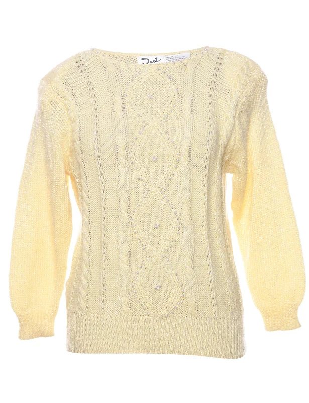 Cable Knit Pale Yellow Sparkly Jumper - M Wool Sweater Cotton Sweater Cashmere Sweater Cable Knit Pale Yellow Sparkly Jumper - M Wool Sweater Cotton Sweater Cashmere Sweater