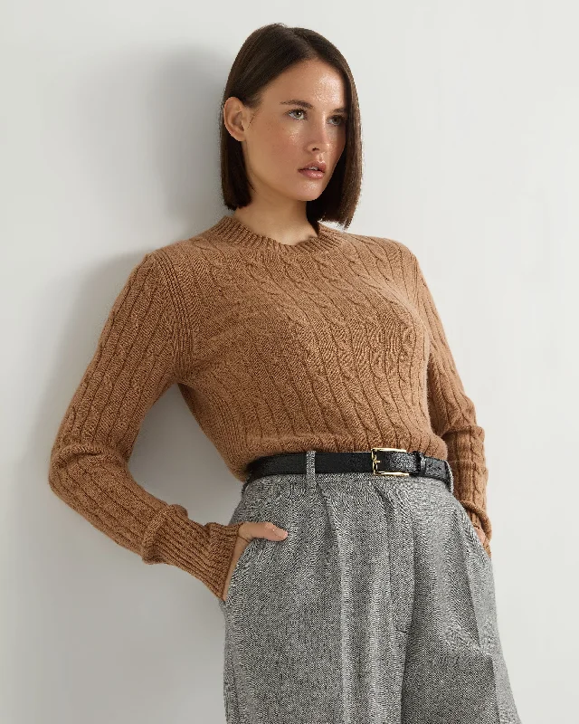 Women's Adelyn Cable Round Neck Cashmere Jumper Dark Camel Brown Hooded Caped Shawl Collar Women's Adelyn Cable Round Neck Cashmere Jumper Dark Camel Brown Hooded Caped Shawl Collar