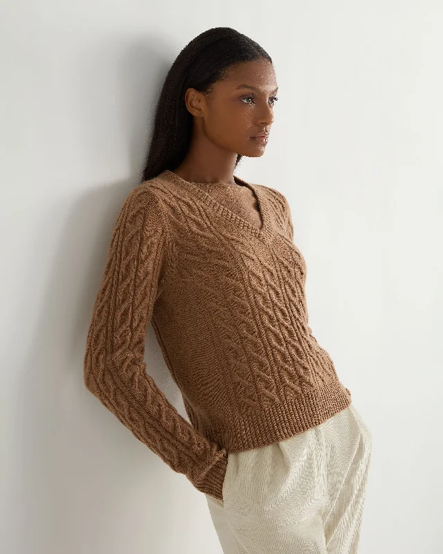 Women's Frankie Cable V Neck Cashmere Jumper Dark Camel Brown Open Front Closed Front Wrap Front Women's Frankie Cable V Neck Cashmere Jumper Dark Camel Brown Open Front Closed Front Wrap Front