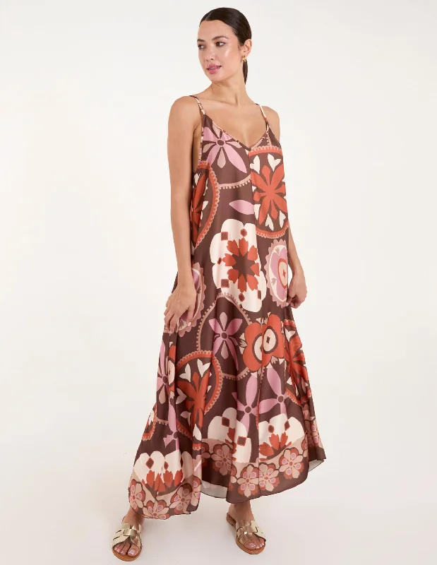 Abstract Printed Cami V Neck Maxi Dress Elegant Lace-Up Maxi Dress