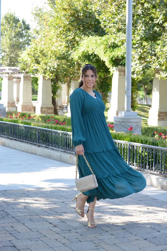 Addilyn Emerald Smocked Maxi Dress Comfortable Maxi Dress with Slits