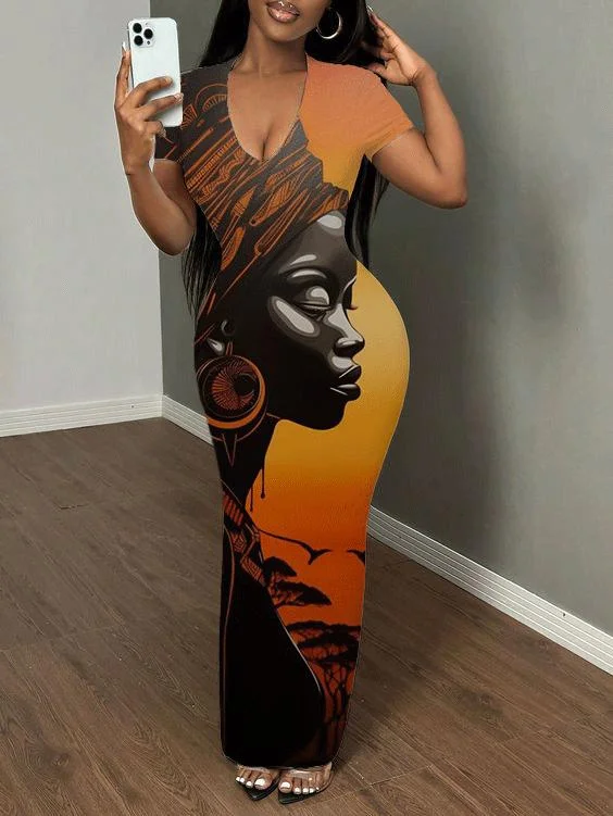 African Lady Print Short Sleeve Bodycon Maxi Dress Cozy Maxi Dress with Slit