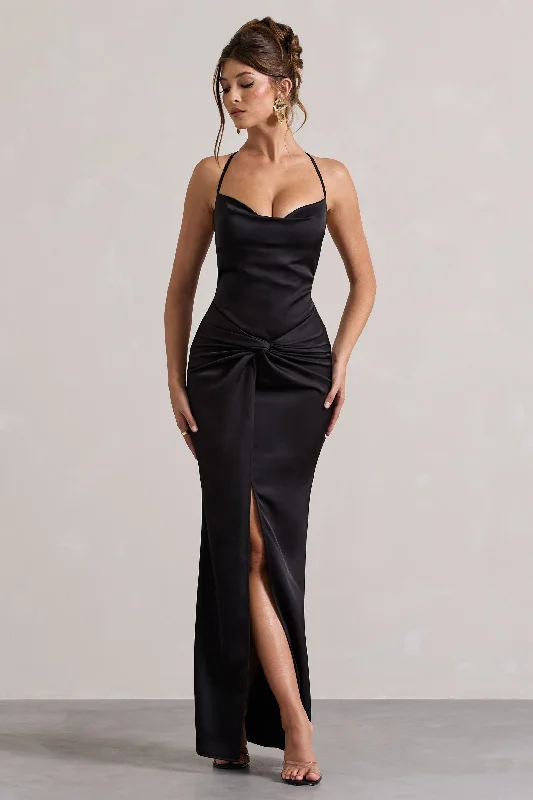 Hermosa | Black Satin Cowl-Neck Twisted Split Maxi Dress Cozy Wrap Maxi Dress