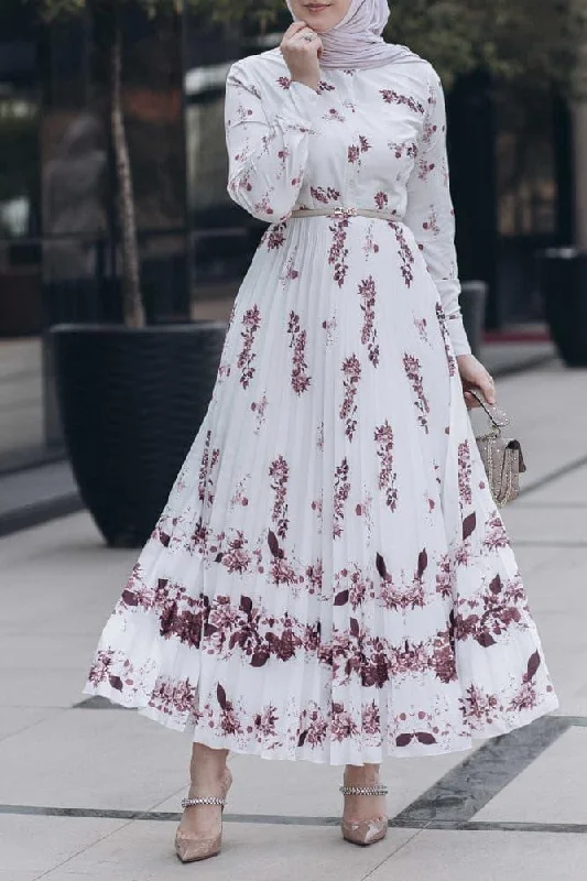 Asmaa pleated high collar neck maxi dress in bordeaux floral Elegant Maxi Dress with Slit