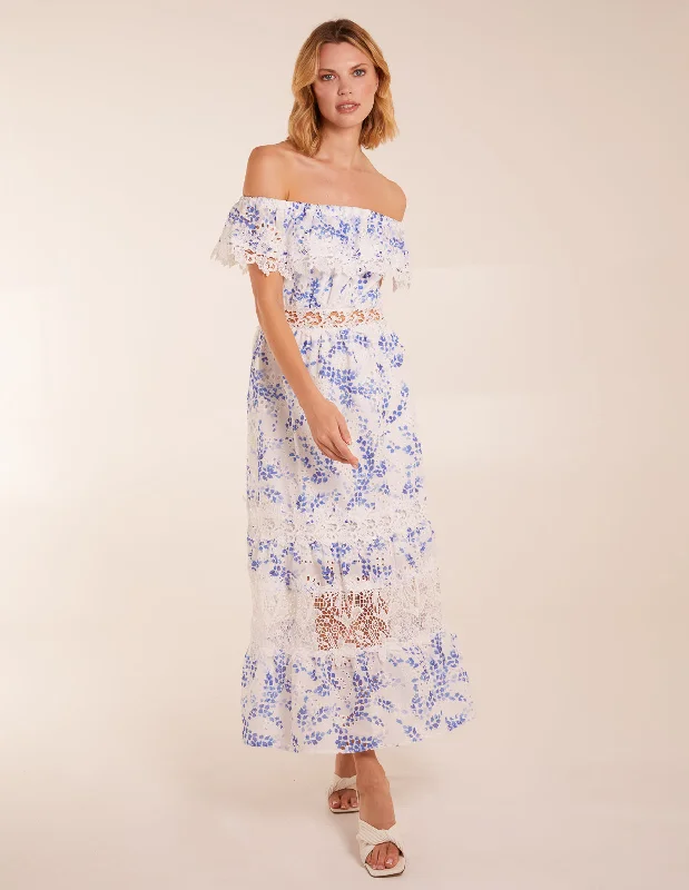 Bardot Neck Lace Maxi Dress Elegant Pleated Maxi Dress