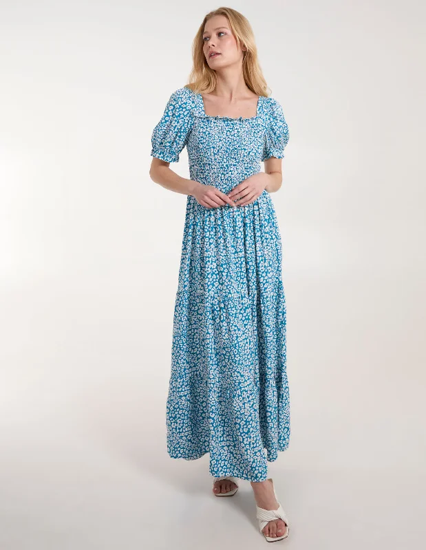 Milkmaid Square Neck Short Puff Sleeve Maxi Dress Chic Boho Print Maxi Dress