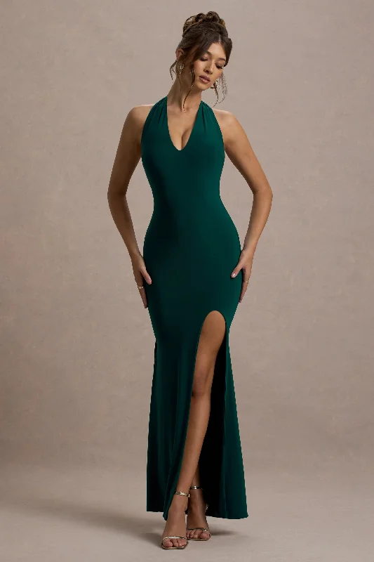 Glamour | Bottle Green Backless V Plunge Halter Neck Maxi Dress With Side Split Stylish V-Neck Maxi Dress