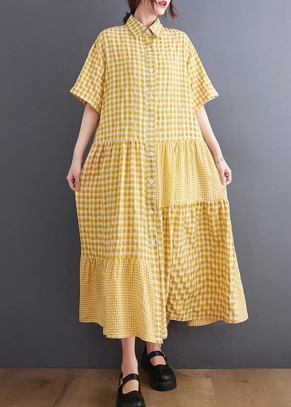 Boutique Yellow Peter Pan Collar Plaid Maxi Dresses Summer Comfortable Long-Sleeve Maxi Dress