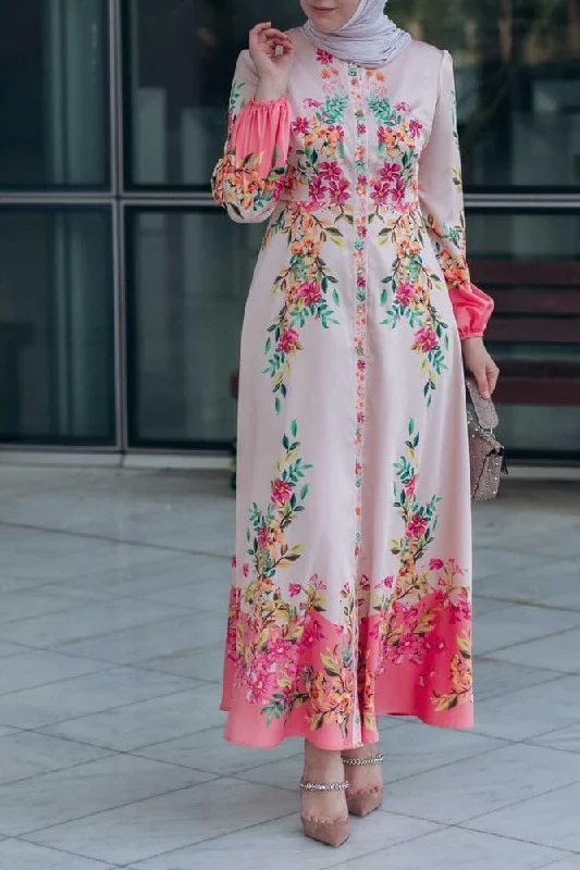 Cemile floral print maxi dress with long sleeve and front button fastening Trendy Maxi Dress with Lace