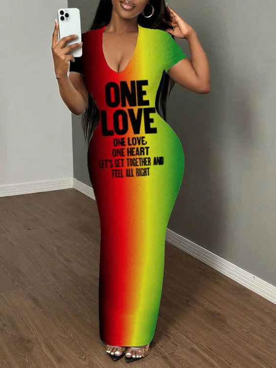 Colorful One Love Print Short Sleeve Bodycon Maxi Dress Comfortable T-Shirt Maxi Dress