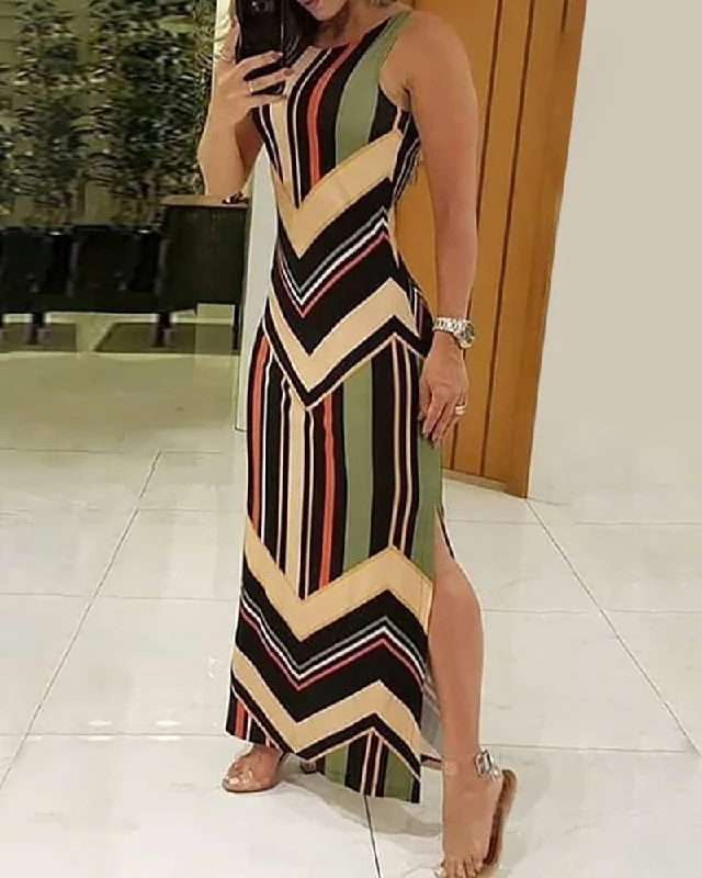 Zjkrl - Colorful Striped Print Side Slit Maxi Dress Women Colorblock Sleeveless Slim Long Dresses Cozy Ruffle Sleeve Maxi Dress