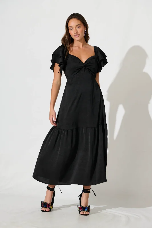 Constantine Maxi Dress In Black Crinkle Satin Comfortable Ruffle Hem Maxi Dress