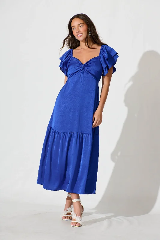 Constantine Maxi Dress In Cobalt Crinkle Satin Comfortable Fit-and-Flare Maxi Dress