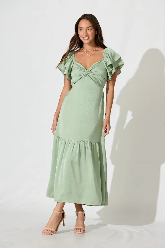 Constantine Maxi Dress In Pale Green Crinkle Satin Elegant Maxi Dress with Drapes