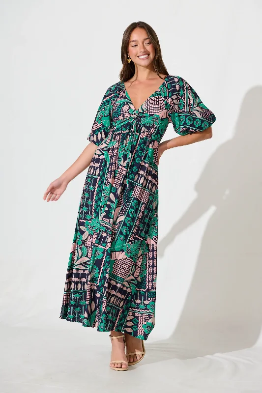 Coverdale Maxi Dress In Navy With Green And Blush Patchwork Cozy Knitted Maxi Dress