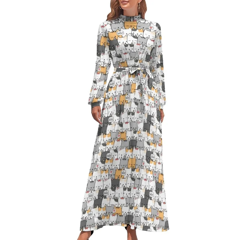 Zjkrl - Cute Cats Print Dress Funny Animal Elegant Printed Maxi Dress High Waist Long-Sleeve Street Fashion Bohemia Long Dresses Cozy Ribbed Maxi Dress