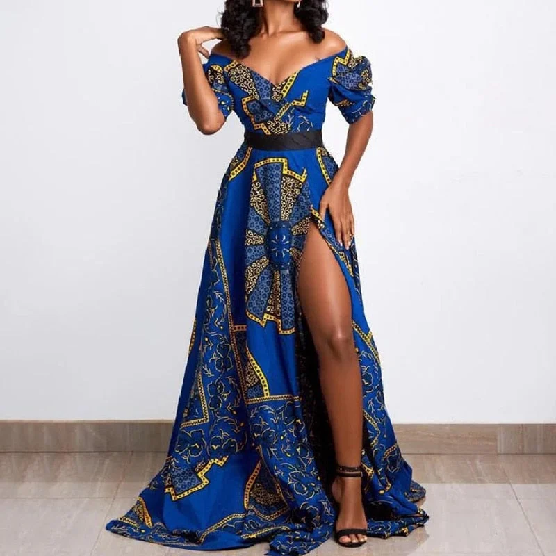 Zjkrl Dashiki Print Ankara Dresses African Women Clothes Summer Bohe Sexy V-neck Backless Slit Maxi Dress Kanga Clothing Plus Size Cozy Maxi Dress with Slit