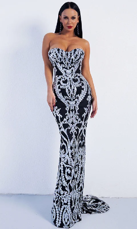 Dashing Diva Silver Black Sequin Ornate Pattern Strapless Sweetheart Neck Maxi Dress Fashionable Open-Back Maxi Dress