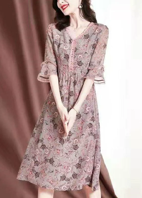 DIY Pink V Neck Lace Patchwork Print Chiffon Maxi Dresses Summer Comfortable Ruffle Hem Maxi Dress