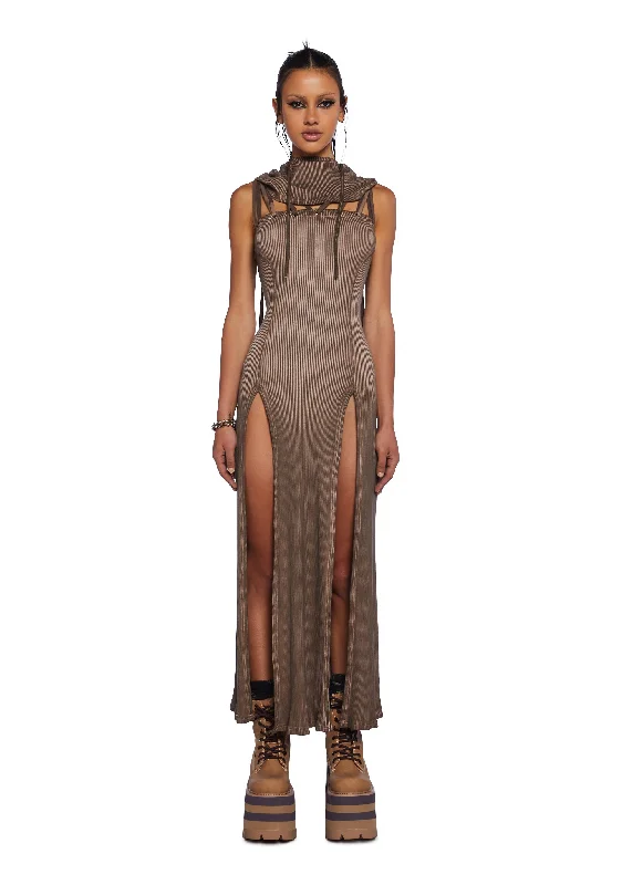 Echo Hooded Slit Maxi Dress - Brown Fashionable Off-Shoulder Maxi Dress