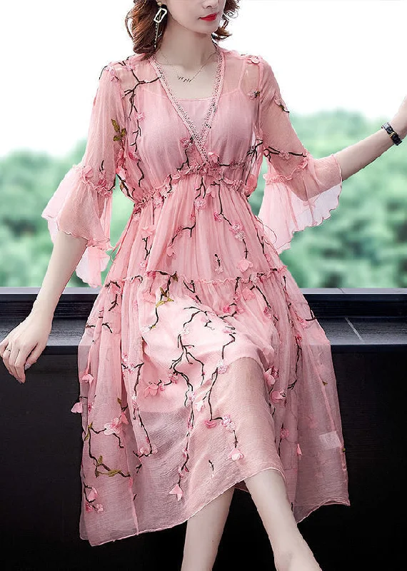 Elegant Pink Ruffled Embroideried ChiffonSilk Maxi Dresses Flare Sleeve Cozy Knit Maxi Dress