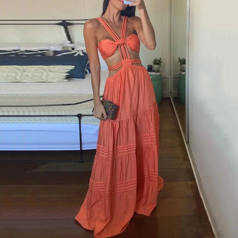 Bohemian Summer Maxi Dress: Sexy Backless Beach Attire Fashionable Chiffon Maxi Dress