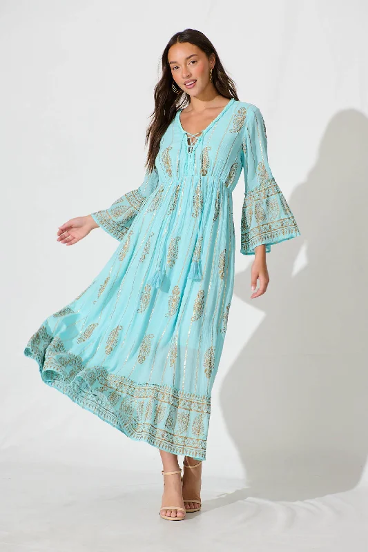 Ellie Maxi Dress in Aqua Blue with Gold Print Comfortable T-Shirt Maxi Dress