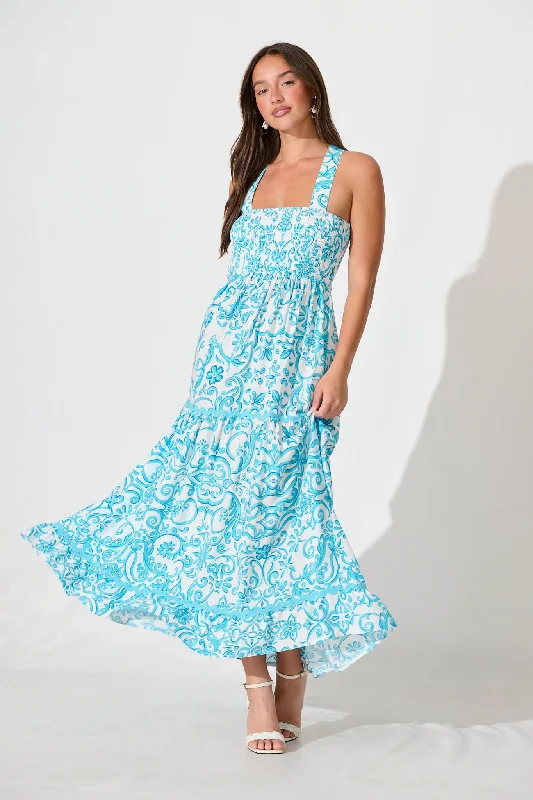 Emani Maxi Dress in Blue Print Stylish Boho Maxi Dress