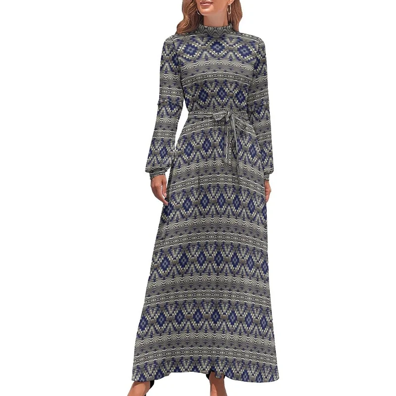 Zjkrl - Ethnic Bohemia Dress Retro Floral Print Basic Beach Dresses Female Long Sleeve High Neck Elegant Long Maxi Dress Cozy Longline Maxi Dress