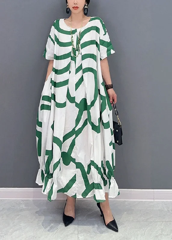 Fashion Green Striped Oversized Wrinkled Cotton Maxi Dresses Summer Elegant Maxi Dress with Ruffles