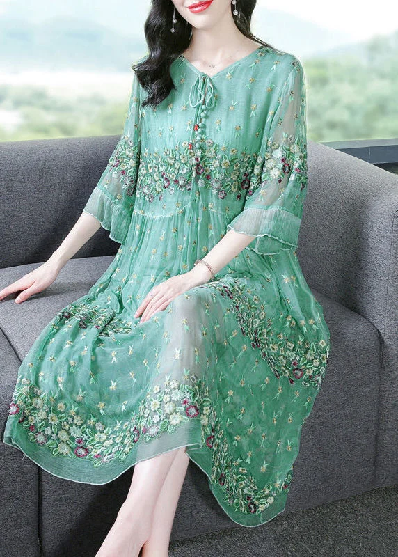 Fine Grass Green Embroideried Patchwork Silk Maxi Dresses Summer Stylish Off-Shoulder Maxi Dress