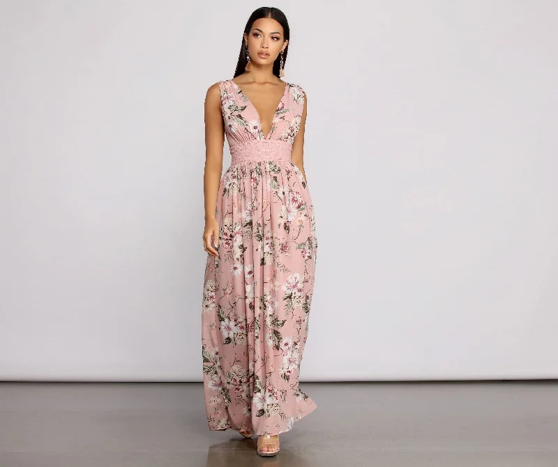 Floral Beauty Sleeveless Charming Chiffon Maxi Dress Comfortable Pleated Maxi Dress