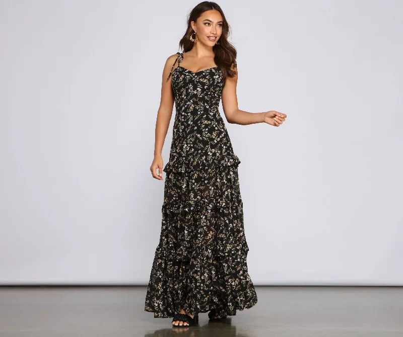 Floral Desire Stylish Ruffled Maxi Dress Fashionable Maxi Dress with Fringe