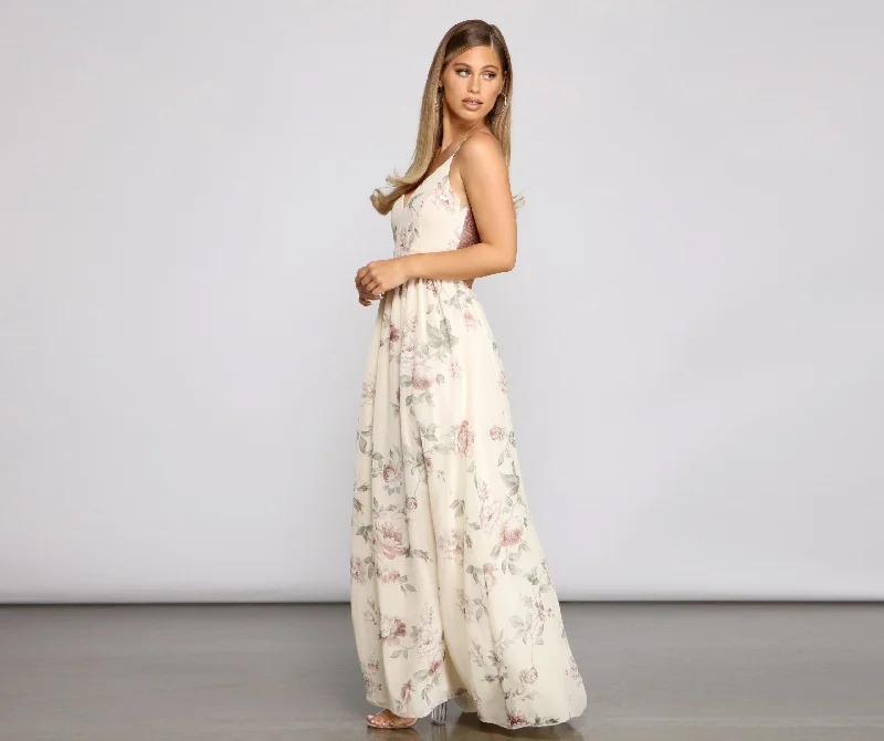 Floral Romance Stylish Chiffon Maxi Dress Comfortable Bohemian Maxi Dress