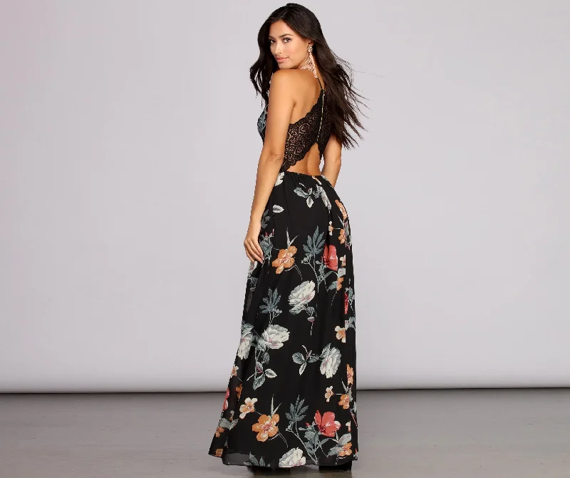 Flower Power Stylish Chiffon Maxi Dress Stylish Pleated A-Line Maxi Dress