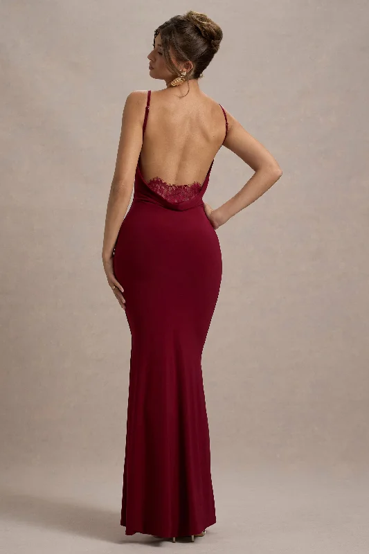 Francoise | Berry Cowl Neck Backless Maxi Dress With Lace Insert Trendy Fit-and-Flare Maxi Dress