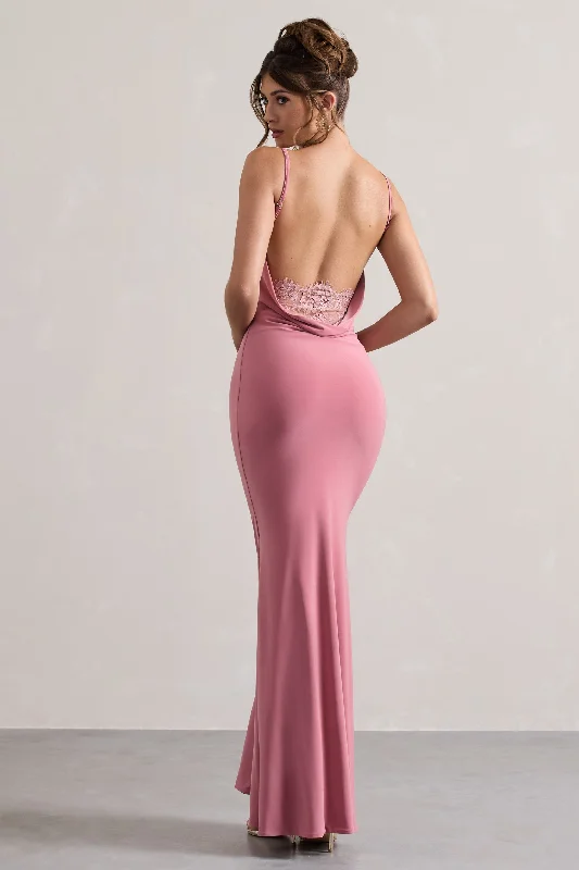 Francoise | Blush Cowl Neck Backless Maxi Dress With Lace Insert Comfortable Bohemian Maxi Dress