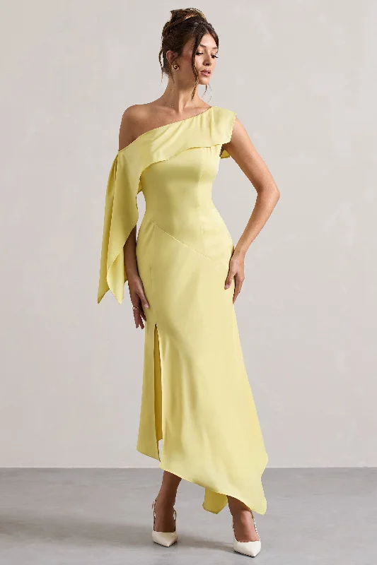 Freesia | Lemon Satin Asymmetric Draped Split Maxi Dress Comfortable Bohemian Maxi Dress